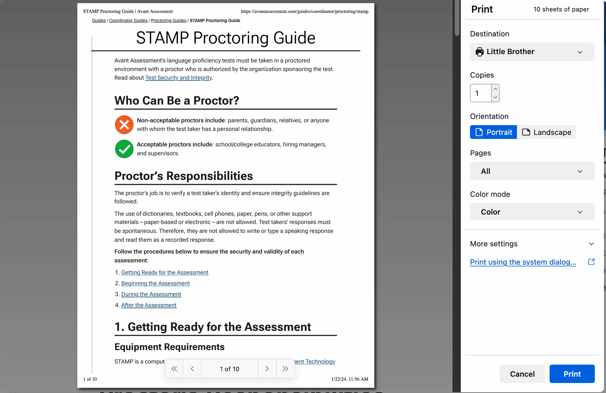 printing the proctor guide with default options.